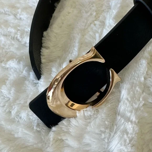 Black Vegan Leather Belt with Gold C Buckle – Fits Waist 28-36 Inches - Classic - Picture 8 of 11